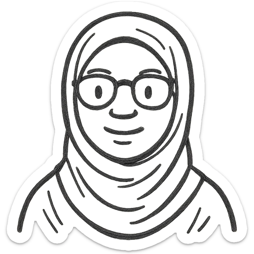 simple portrait of a black girl wearing a hijab and glasses, hand drawn icon style, no background sticker