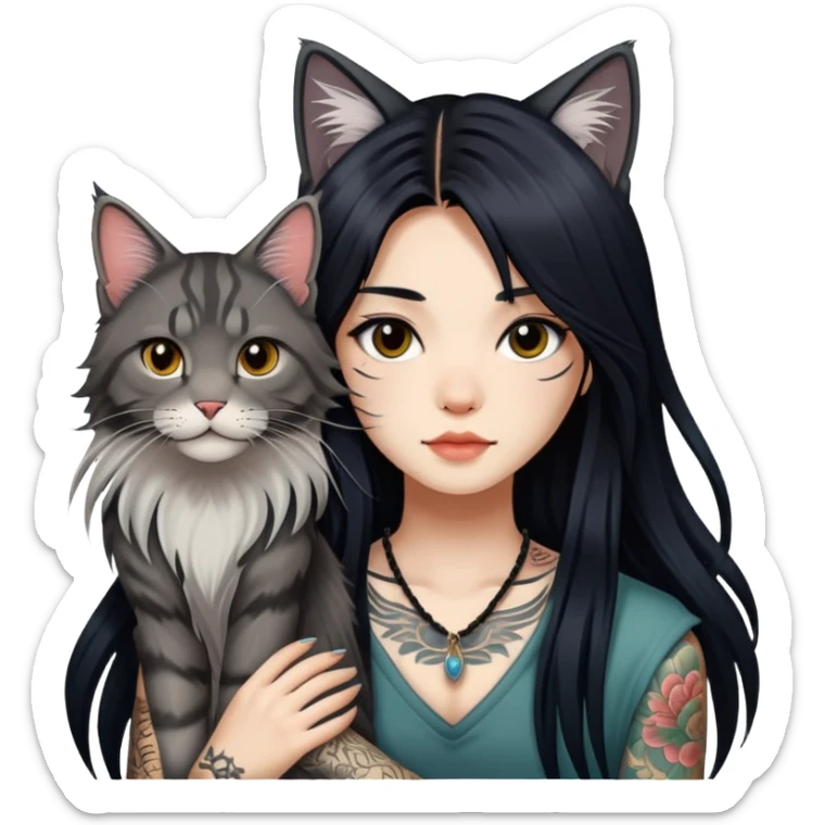 a Chinese girl with long black  straight hair and tattoos and a maine coon sticker