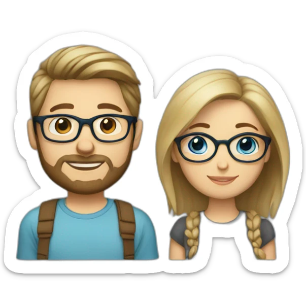 Couple in love. She has brown hair, blue eyes and wears glasses. He has short blond hair, three day beard and wears glasses sticker