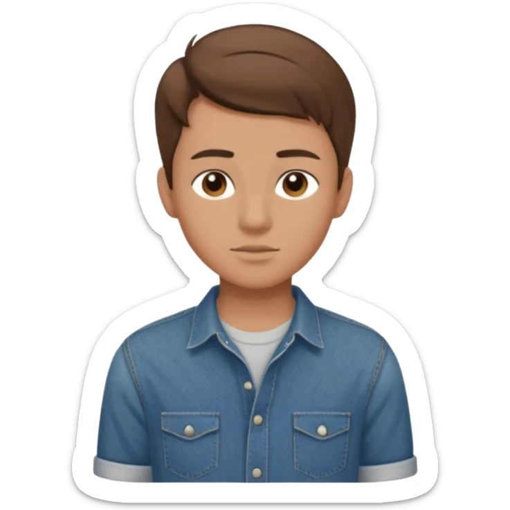 chico con tupe moderno hacia delante castaño, con los ojos marrones vestido con camisa y vaqueros que sea adolescente  sticker