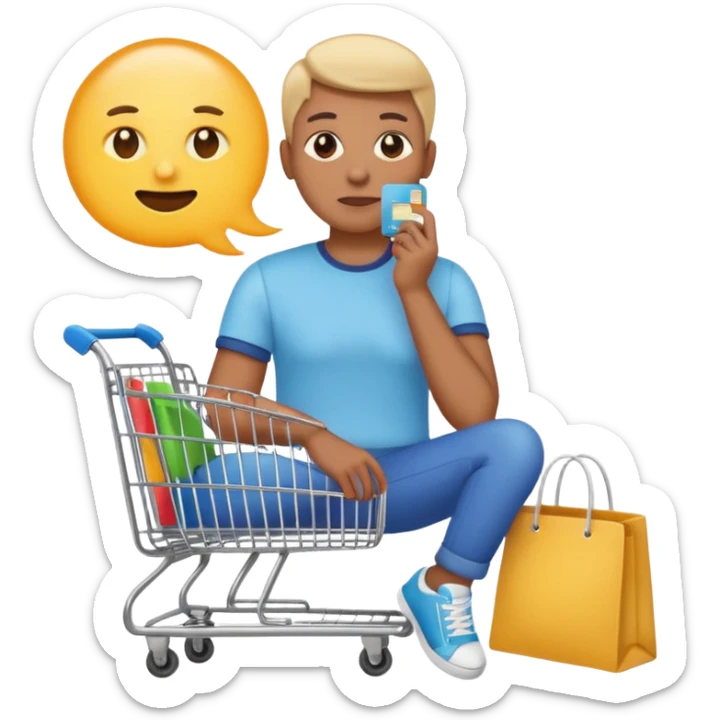 Emoji-style illustration of a person holding a credit card, hand on chin thinking. A thought bubble above the head showing clothes, sneakers, and a shopping cart, representing deciding whether to spend money. Clean, modern emoji style, bright colors, white or transparent background. sticker