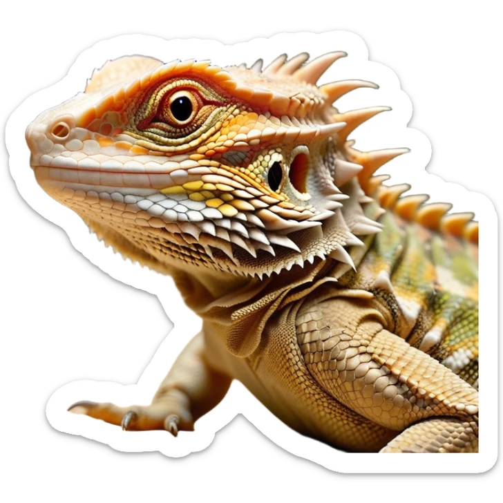 Cinematic Noble Bearded Dragon Portrait Emoji, Poised and regal, with a robust, angular build and a textured, scaled hide in earthy olive and sandy tones, a prominent spiky 'beard' beneath its chin and a keen, alert gaze, Simplified yet sharp and sophisticated features, highly detailed, glowing with a soft, dignified glow, high shine, intelligent and fierce, stylized with an air of desert majesty, focused and attentive, soft glowing outline, capturing the essence of a watchful and commanding reptile, so majestic it feels as though it could scuttle out of the screen with effortless authority! sticker