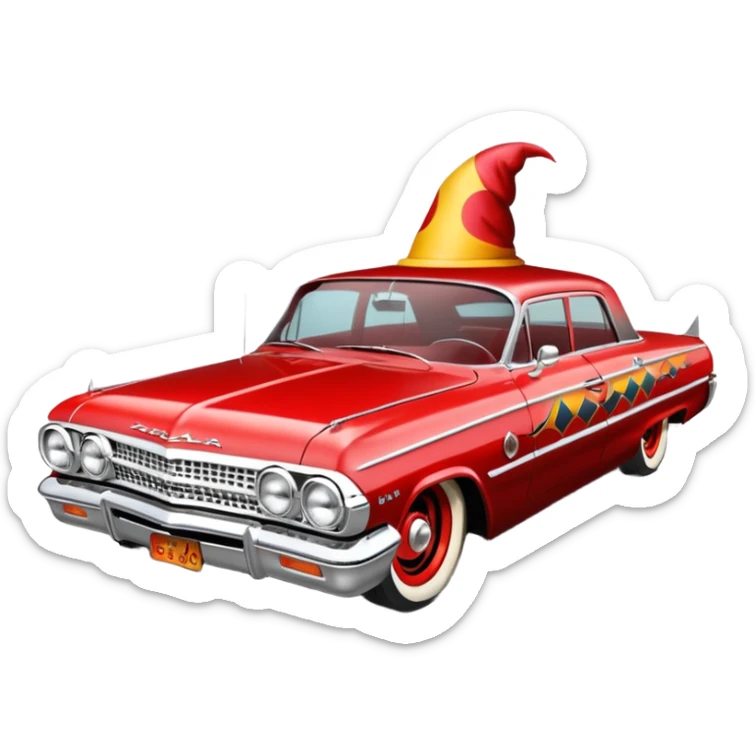 Satan’s streamlined Hot rod custom 1964 impala low rider four door clown painted hood  side-mounted under-door chrome exhaust pipes driving straight to hell  sticker