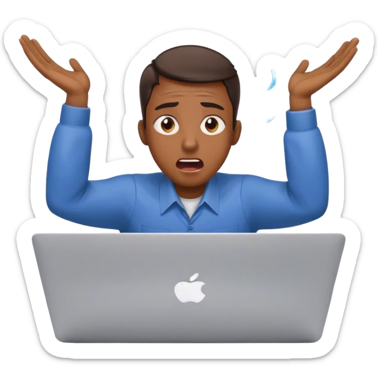 An overwhelmed office worker at a MacBook, eyes wide open, mouth agape, sweat drops flying, hands on head in panic sticker