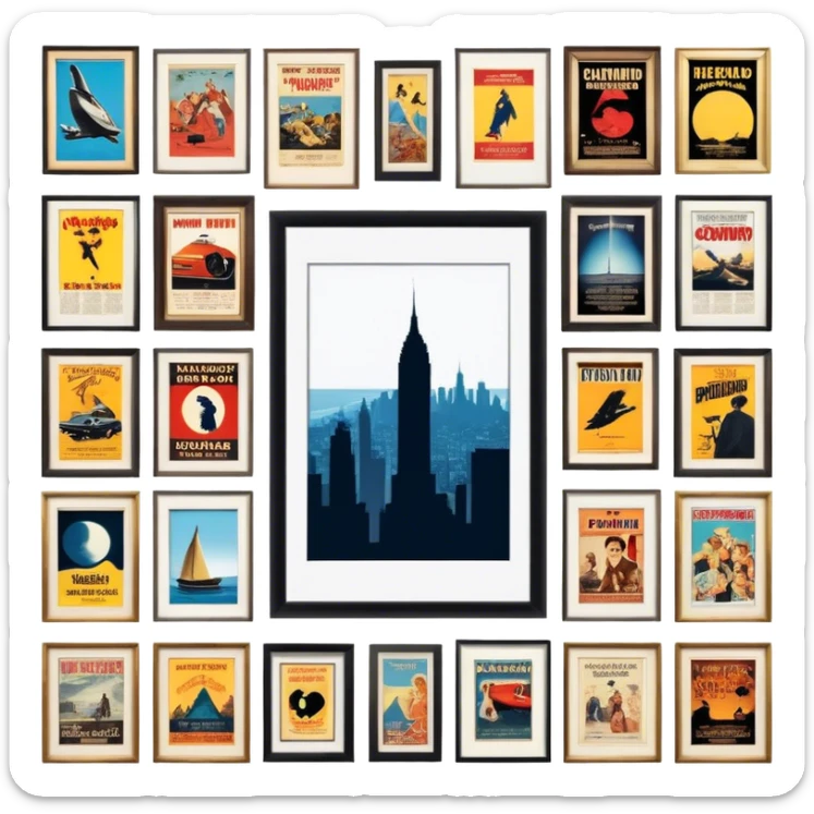 Icon for Photograph and Poster Collecting: a collection of photographs and movie posters, neatly displayed on a wall or in frames. The icon should evoke the nostalgia and artistic value of collecting rare images and posters. Transparent background. sticker