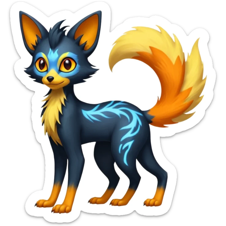 Lykoi-Fennekin-Electrike-Luxray-fusion-hybrid-animal-Fakémon-creature, full body, thin long sleek scaly tail, intricate markings sticker