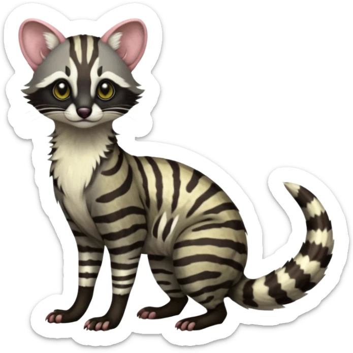 Feral Rare Fantasy shaded detailed colorful Genet-Trico-Civet-Cacomistle-Margay-species by LiLaiRa,, with white stripes with dark-blackish points, white belly, random markings, tufted tail, tufted ears, full body sticker