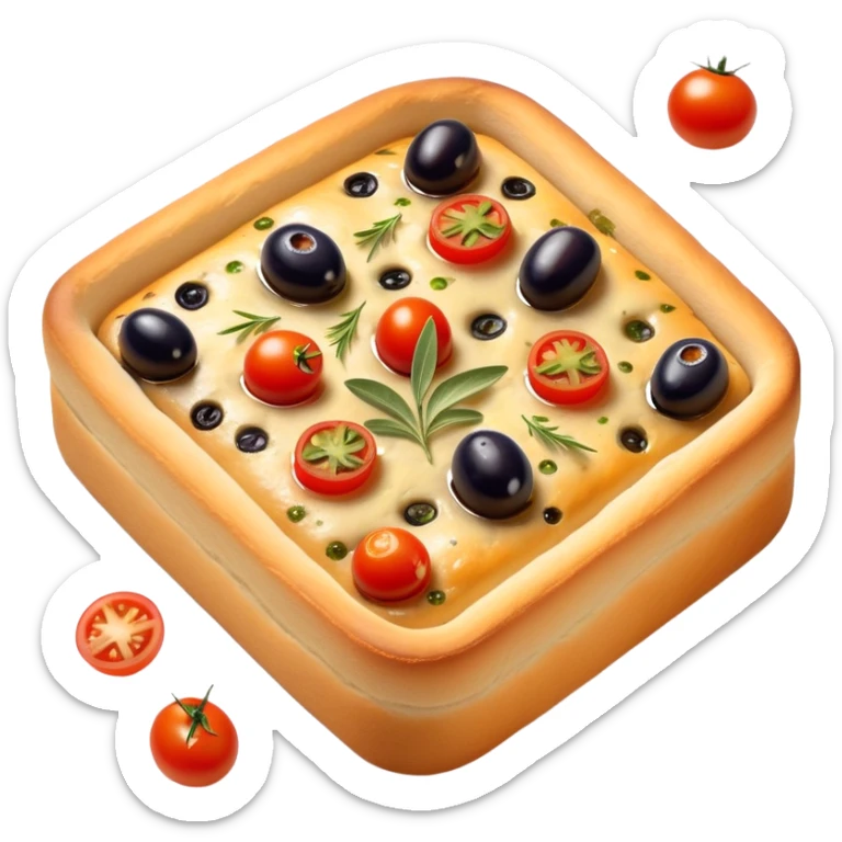 cinematic-realistic-isometric focaccia-bread-dish-emoji,-depicted-as-a-golden,-olive-oil-brushed-flatbread-sprinkled-with-herbs-rendered-with-lifelike-texture-and-soft,-appetizing-lighting showing olives on top and the cherry tomatoes sticker