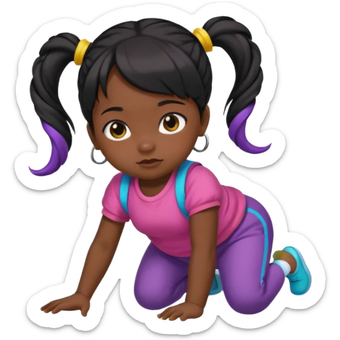 girl black twin tail baby wearing colorful clothes crawling on the floor sticker