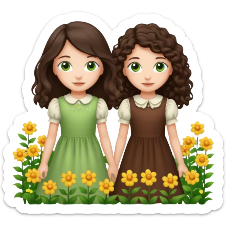 Two moppet girls, 1: long ironed straight darkbrown hair, green eyes, 2: long curly darkbrown hair, brown eyes sticker