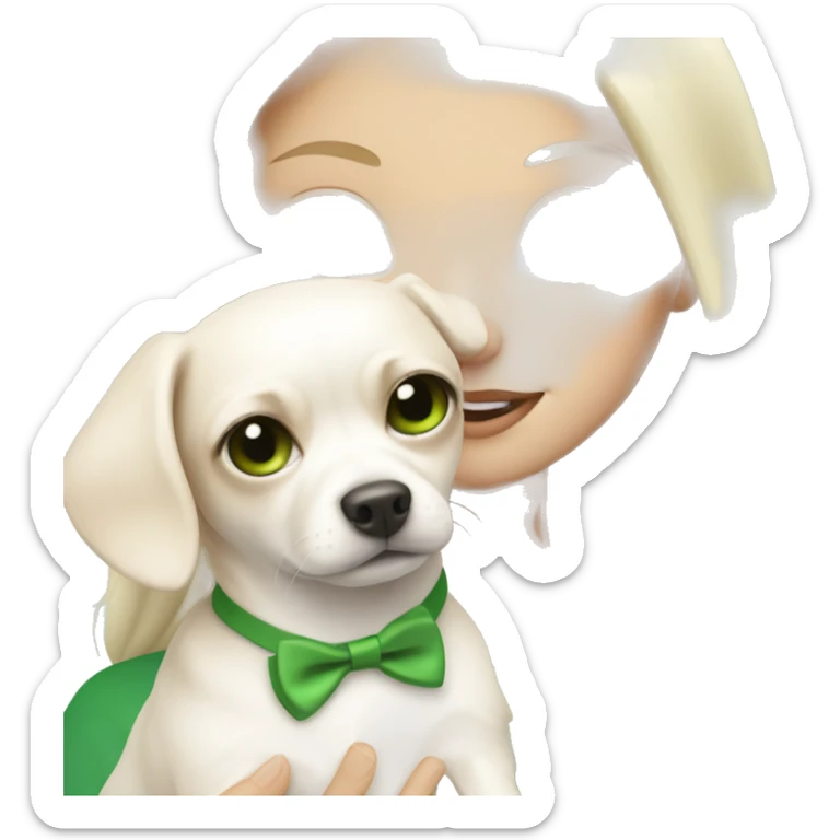pale blond girl with long platinum hair with green eyes holding a white chihuahua puppy that wearing a pink bow sticker