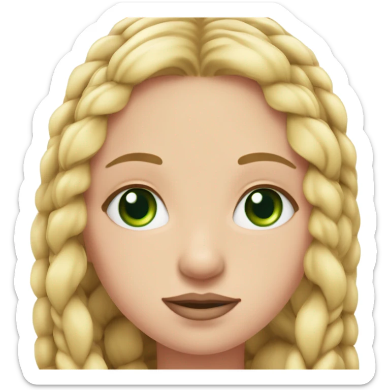 Girl with long blonde braids and green eyes with two small moles next to her left eye and long eyelashes and pink full lips  sticker