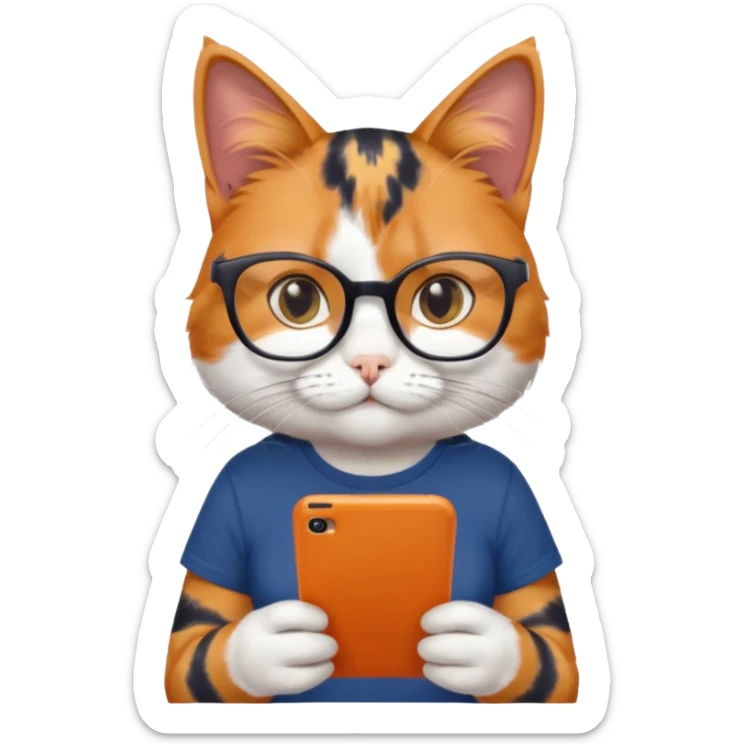 un gato de tres colores naranja, negro y blanco con gafas de leer con un celular en manos leyendo comentarios y que tenga una remera color azul oscuro que diga UOM sticker