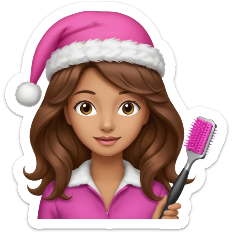 mujer peinandose en la peluqueria y con un gorro de navidad rosado, cabello largo café y ondulado sticker