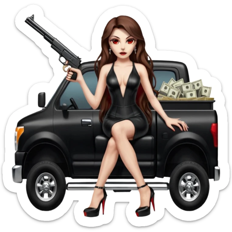 Lilith symbol red eye seductress evil long brown haired sexy succubus woman with leather long dress with slit on, sitting in Big Large F350 pickup truck. Platform long high heels on feet. Back seat full of stacks of cash, she is  Holding a human skull of her enemies in car and a gun in other hand sticker
