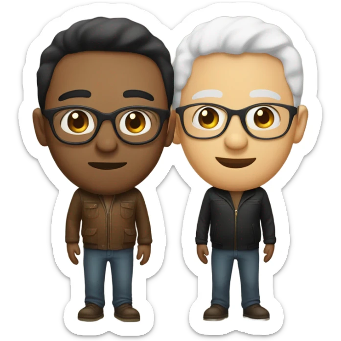 Two men kissing, one white skin with black hair, one brown with glasses sticker