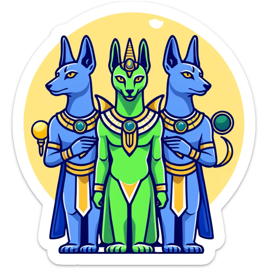 Egyptian gods Osiris with green skin and Atef crown, Khonsu with falcon head and moon symbol, and Anubis with jackal head standing together sticker