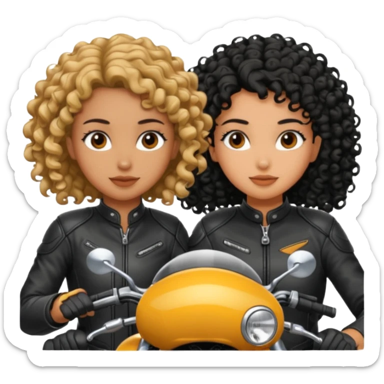 A motorcyclist and a shorter girl with curly black hair, facing each other. sticker