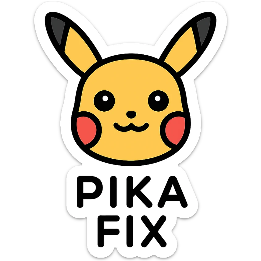 icon of Pikachu's head with the text 'PIKA' in uppercase below and 'FIX' in uppercase below that, clear and cute style sticker