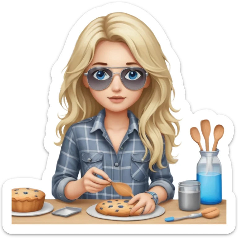 girl with long blond messy hair wearing grey plaid shirt with blue eyes and aviator sunglasses wearing a ring on her silver necklace, holding baking supplies sticker