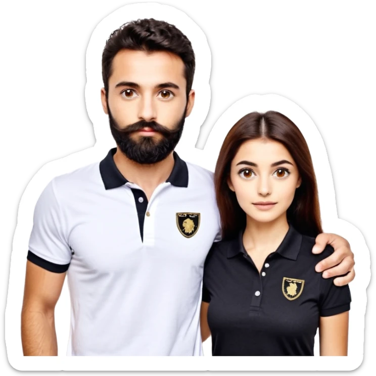 Tente de novo.Crie um casal - Homem branco de cabelo liso e olhos marrom, com barba, expressão séria usando camiseta polo preta e mulher de pele branca cabelo cacheado marrom longo e olhos mel, usando uma regata branca, quero ela sorrindo sticker