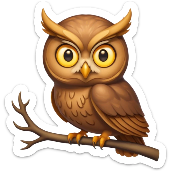 Emoji chouette perchée brun clair, yeux jaunes brillants, bec recourbé, bois de cerf imposants, sagesse et puissance. sticker