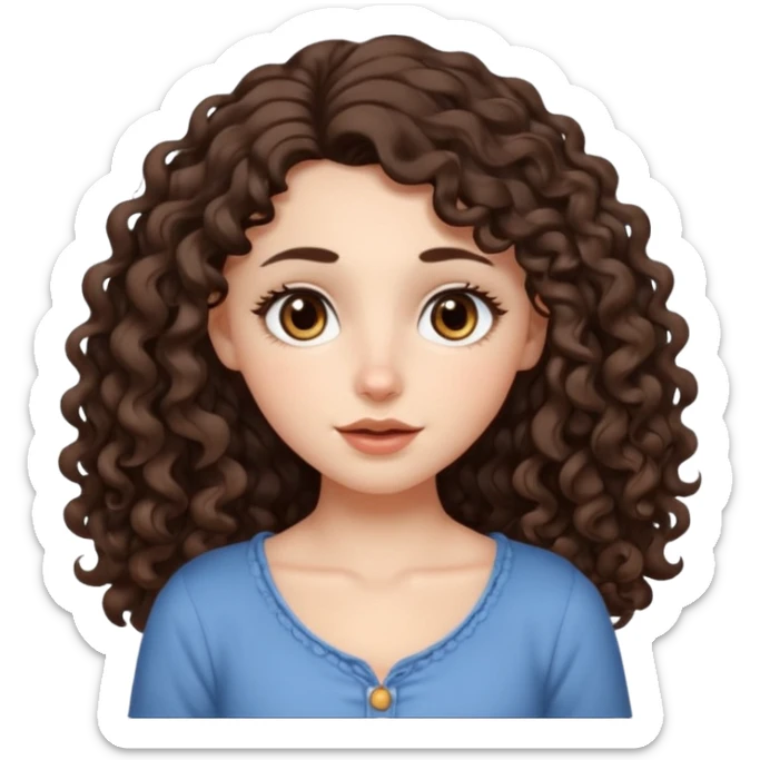 Aesthetic white girl with long curl hair color dark brown (almost black, but more brownish), big almond shape eyes color brown, small wide nose, natural lips, sweet expression. Dressed with a  cute top sticker