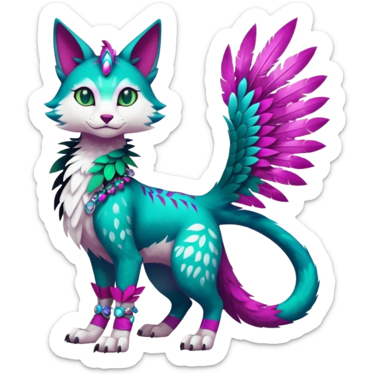 Kawaii cute colorful iridescent deep-dark-turquoise-green and magenta and white beautiful pretty elegant divine edgy feline-vernid-sergal-Fakémon-Pokémon-fursona-animal-creature with accessories, full body, with intricate detailed markings, feathers sticker