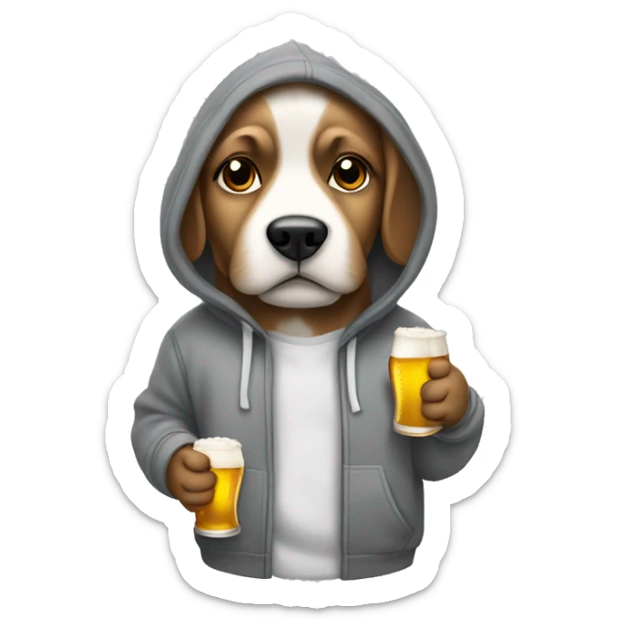 Dog standing wearing a grey hoodie with his hands in his pockets holding a beer sticker