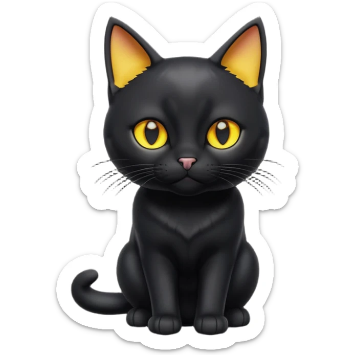 A 3D cartoon jet-black Bombay cat with glossy fur, bright golden eyes, dramatic contrast lighting, Memoji-style cinematic look. full body. sticker