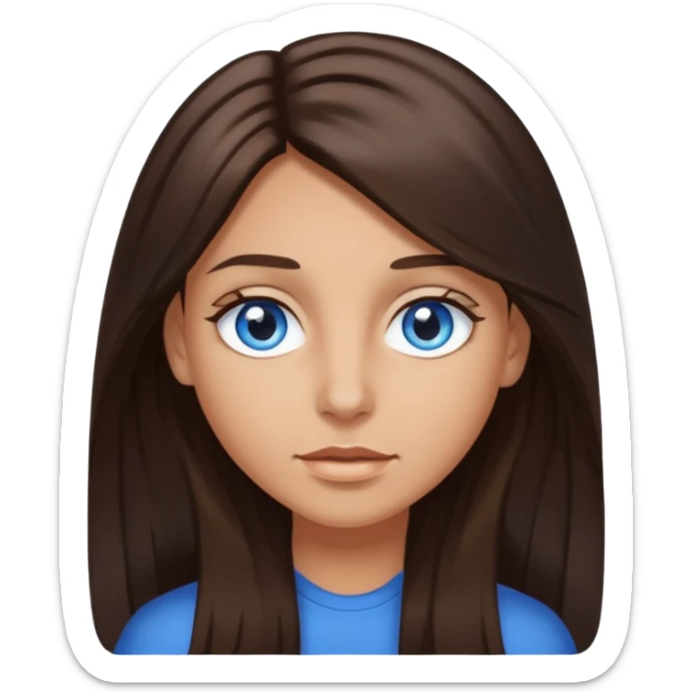 long dark brown hair with highlights in the front, big blue eyes clear taned skin sticker