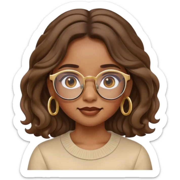 apple memoji of cute brown girl with glasses, aethetic and wavy long hair, gold hoop earrings, expression sticker