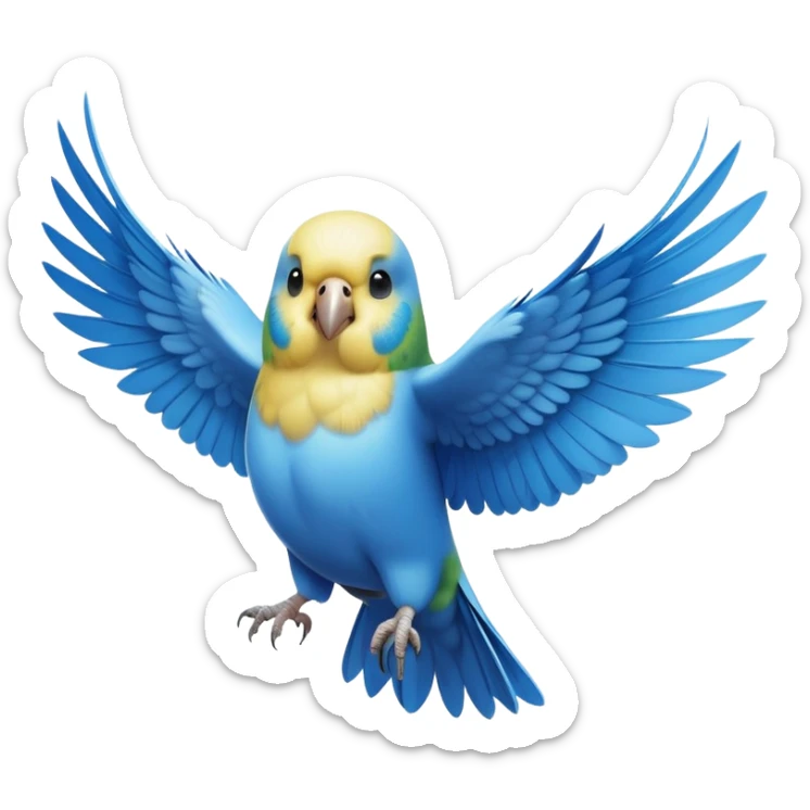 cinematic-[budgie]-realistic-full-body-perched-emoji,-wings-out-flying,-head-tilted-dramatically,-sleek-[blue]-feathers,-simplified-yet-realistic-focused-features,-highly-detailed,-glowing-with-an-almost-sarcastic-glow sticker