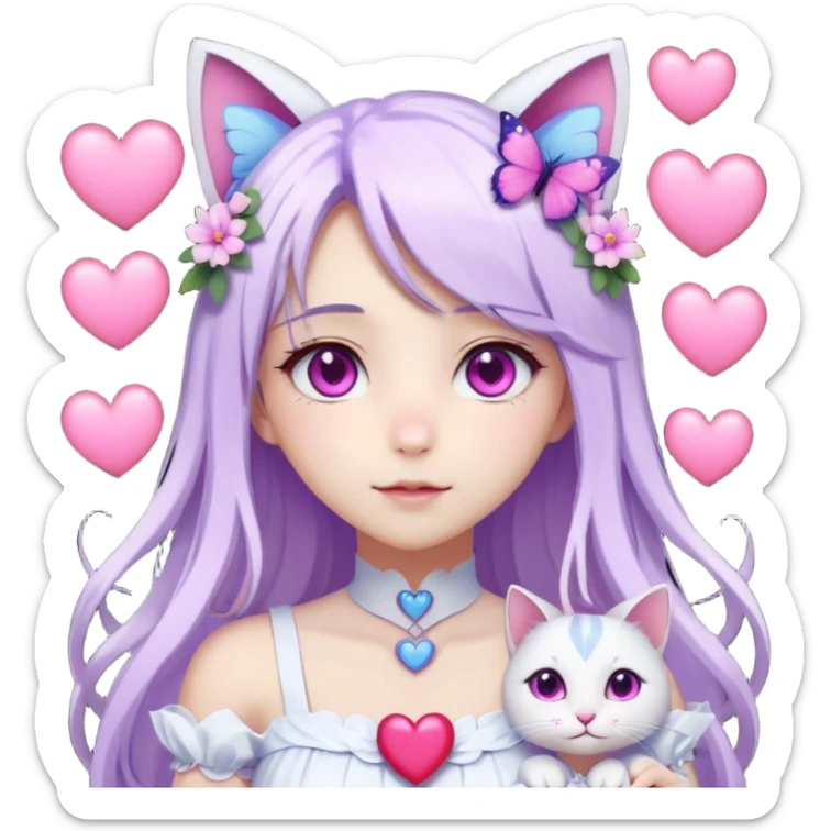 female anime character with pink eyes long white hair periwinkle highlights and cat ears on her head. She is wearing a white dress with purple flowers and butterfly. holding a heart sticker
