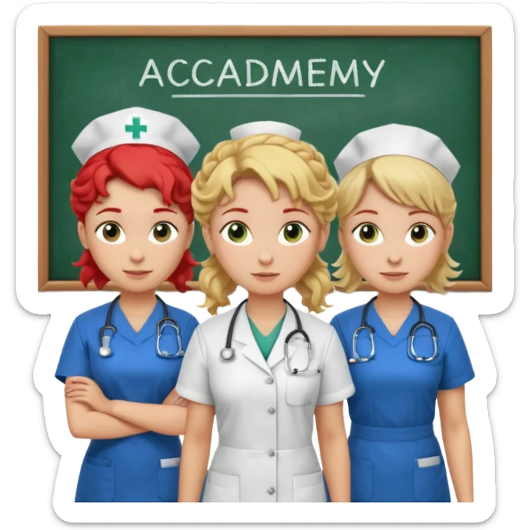 3 nurses: nurse 1 is wearing green work clothes, curly hair, middle european. nurse 2 is wearing blue work clothes, blond straight hair, scandinavic, nurse 3 is wearing white work clothes, red hair put into a bun, slavic. they all stand in a classroom, "Academy" written in white on board sticker