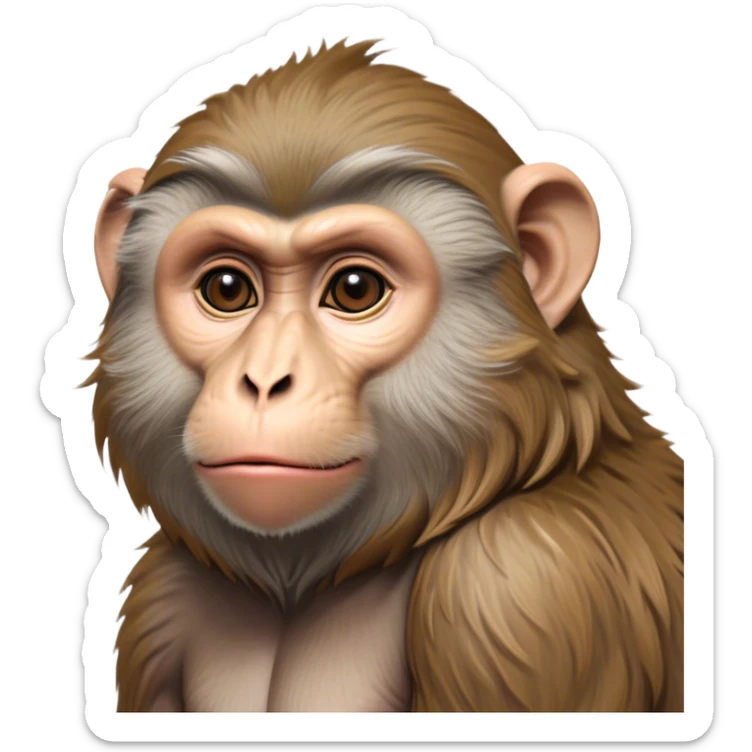 Cinematic Noble Macaque Portrait Emoji, Poised and regal, with a smart, agile build and expressive, deep-set eyes, adorned with soft, detailed fur and a dignified expression, Simplified yet sharp and sophisticated features, highly detailed, glowing with a soft, natural radiance, high shine, intelligent and commanding, stylized with an air of primate nobility, focused and alert, soft glowing outline, capturing the essence of a watchful and confident guardian that appears ready to leap out of the screen with effortless authority! sticker