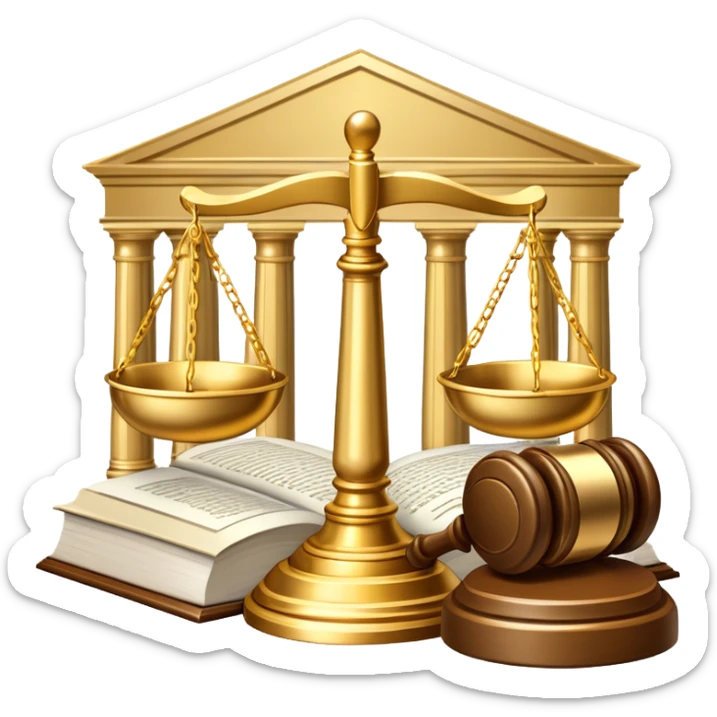 An icon featuring scales of justice, a gavel, and a legal book, symbolizing the study of law. The design includes courthouse pillars in the background, representing authority and legal systems. Transparent background highlights the principles of justice, order, and legal education. sticker