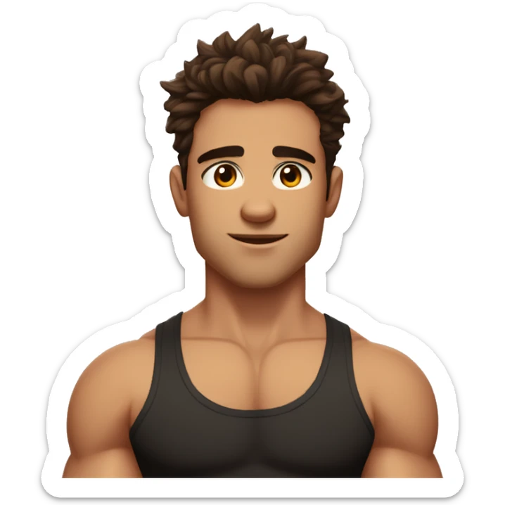 Buff muscular handsome teen guy, brown messy hairy, medium length hair, brown eyes, serious expresssion, black tank top sticker