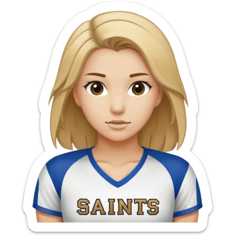 a dirty blonde haired girl with a shirt that says saints volleyball sticker