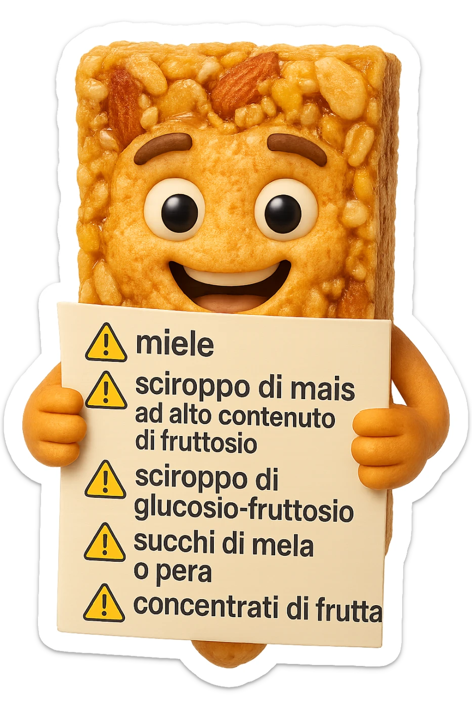SU QUESTO STILE FAI UN EMOJI STILE IPHONE 3D DI UNa barretta ai cereali con ETICHETTA CON GLI INGREDIENTI SCRITTI, "miele, sciroppo di mais ad alto contenuto di fruttosio, sciroppo di glucosio-fruttosio, succhi di mela o pera,
concentrati di frutta" accanto ad ogni nome scritto mettici un segnale di allarme, FALLO MOLTO REALISTICO IN 3D sticker