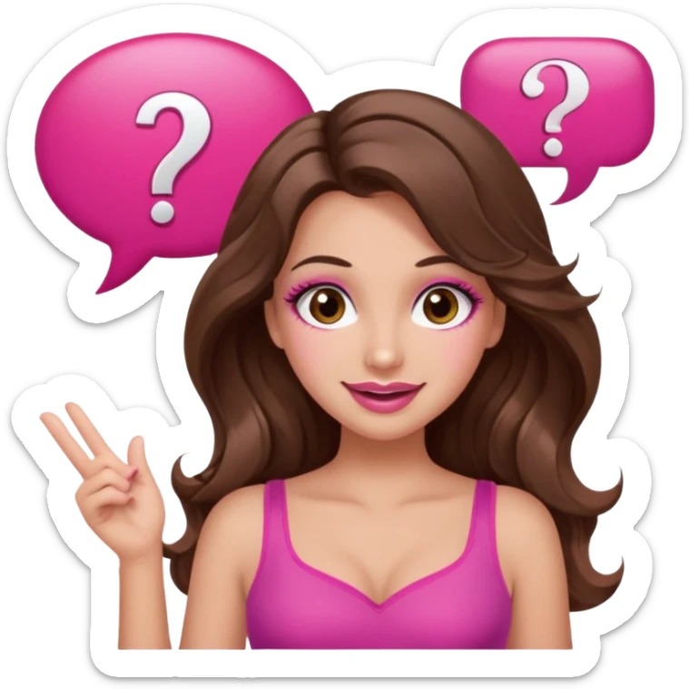 girl with long wavy brown hair, brown eyes, long lashes makeup, sexy pink lips, light to medium complexion, wearing a pink sexy top, shugging, smiling, question mark one speech bubble sticker