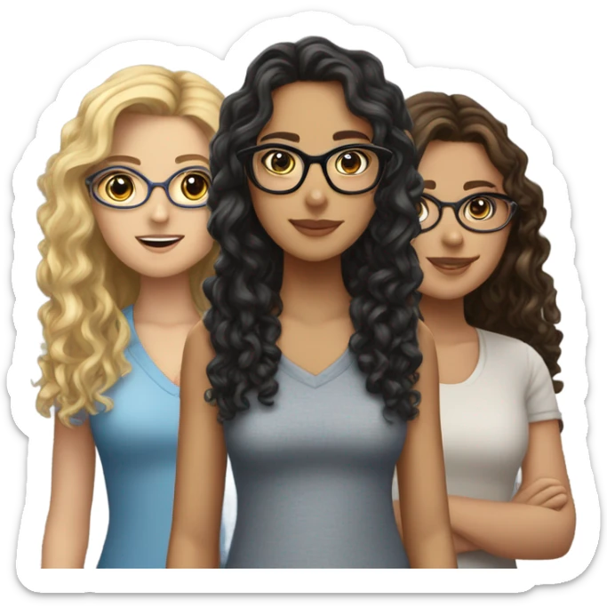 A curly haired blonde girl with a brunette girl who has glasses and another brunette girl with long hair sticker