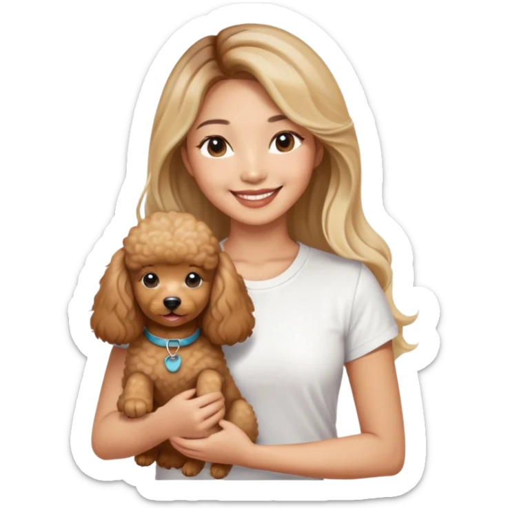 an asian lady with long balayage hair with blonde highlights, long lashes, wearing white t-shirt, smiling happily, and holding a brown poodle sticker