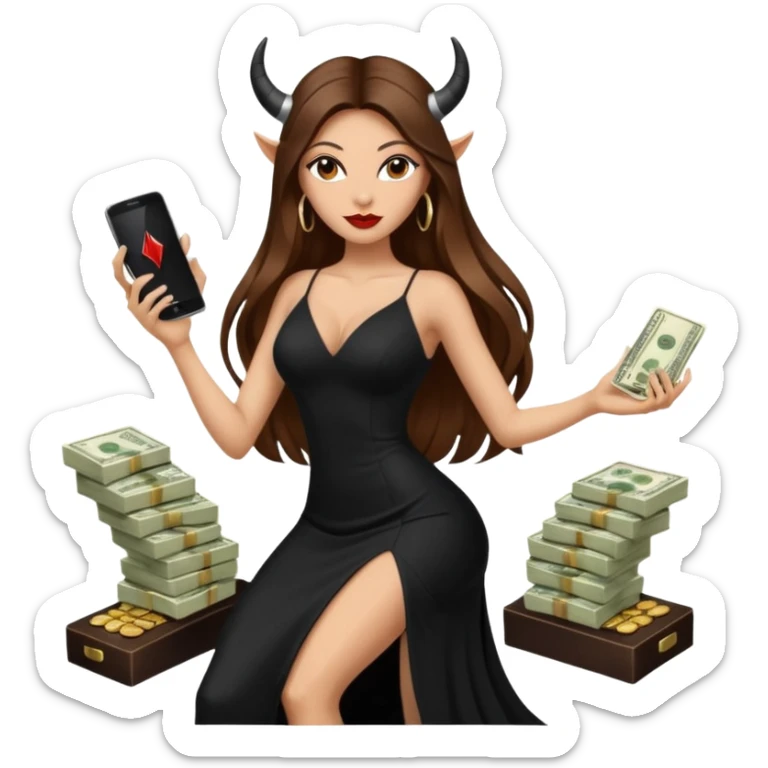 Sensual queen long brown straight haired sexy drug lord woman with black platform high heels with  on her feet,  and devil black horns on her head, holding a stack of cash, has a phone in other hand. Sitting on a large big new model F350 pickup truck  full of drugs, long black dress with sexy slit sticker