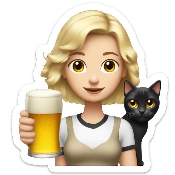 Blonde bob haircut girl with white and black cat and beer in her hand  sticker