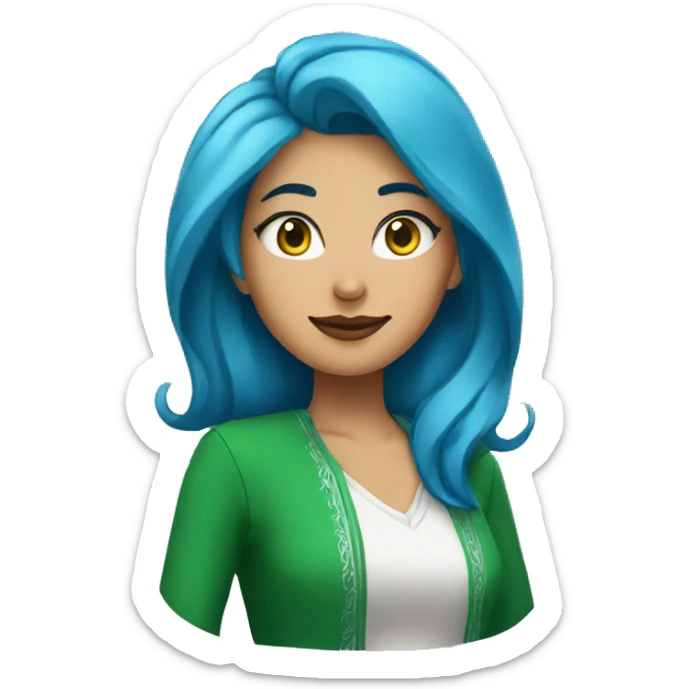 A woman with blue hair and a Saudi Crescent logo on her shirt sticker