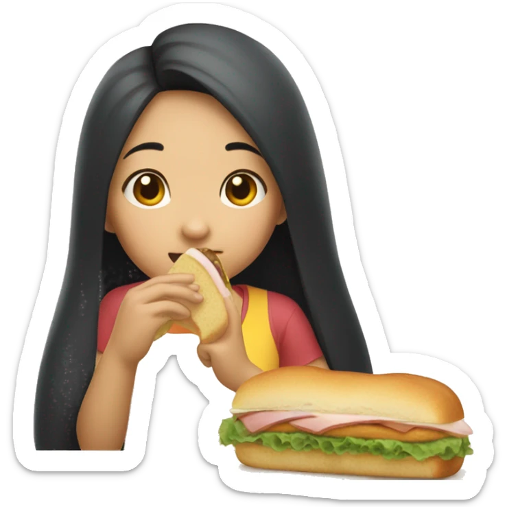 Asian girl long dark hair eating a sandwich with Winnie the pooh sticker
