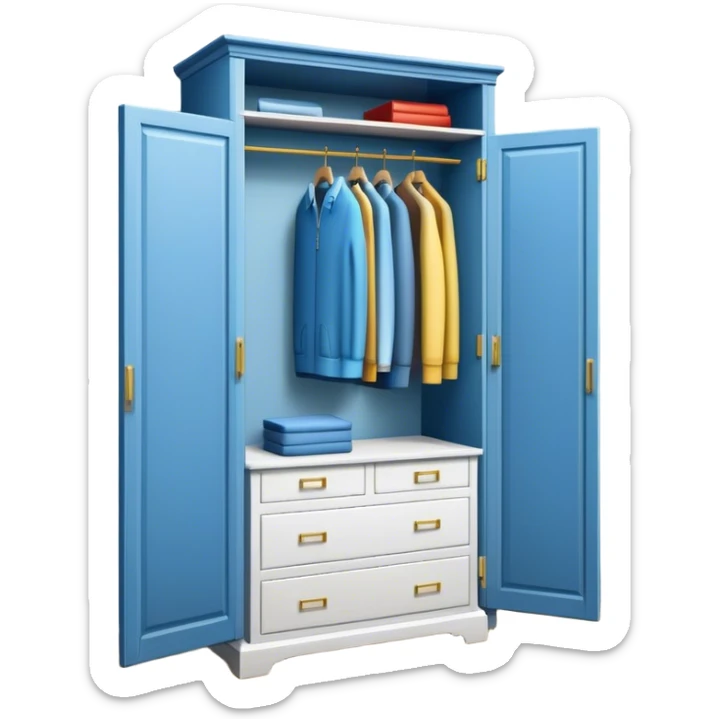 Professional emoji for Furniture Design: a close-up of a 3D wardrobe on top of a blueprint, with a measuring tape beside it. The icon should represent the detailed design and measurement process in furniture design. Transparent background. sticker