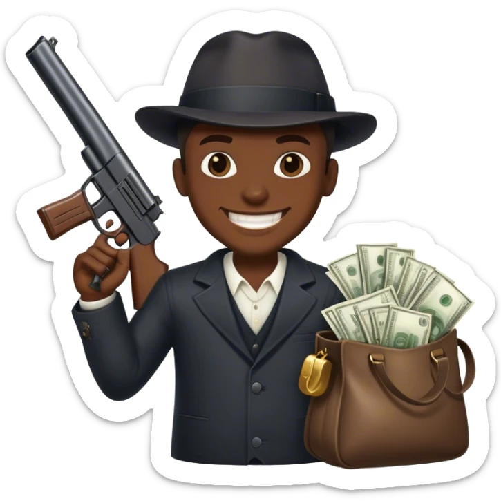 Gangster guy with a big gun with a wide grin on his face and money bags sticker
