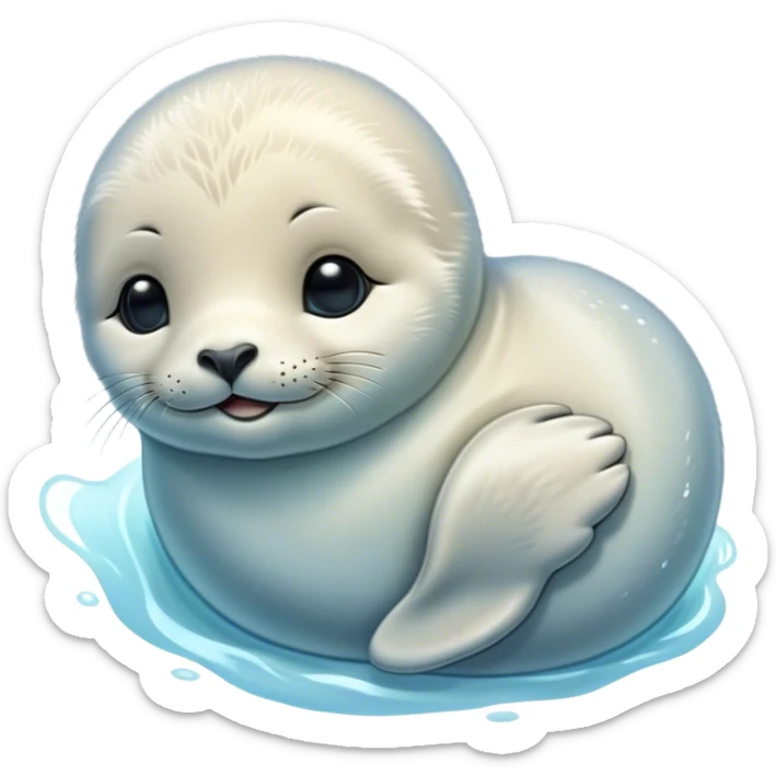 Beautiful and Majestic Baby Seal Portrait Emoji, Head and body resting serenely with a gentle, content smile, showcasing a soft, cuddly form with tender, glistening fur and eyes peacefully closed in a tranquil slumber, Simplified yet exquisitely endearing features, highly detailed, glowing with a soft, radiant polar light, high shine, serene and utterly lovable, stylized with an air of regal innocence, soft glowing outline, capturing the essence of a beautiful and majestic baby seal that embodies the quiet wonder of arctic serenity! sticker